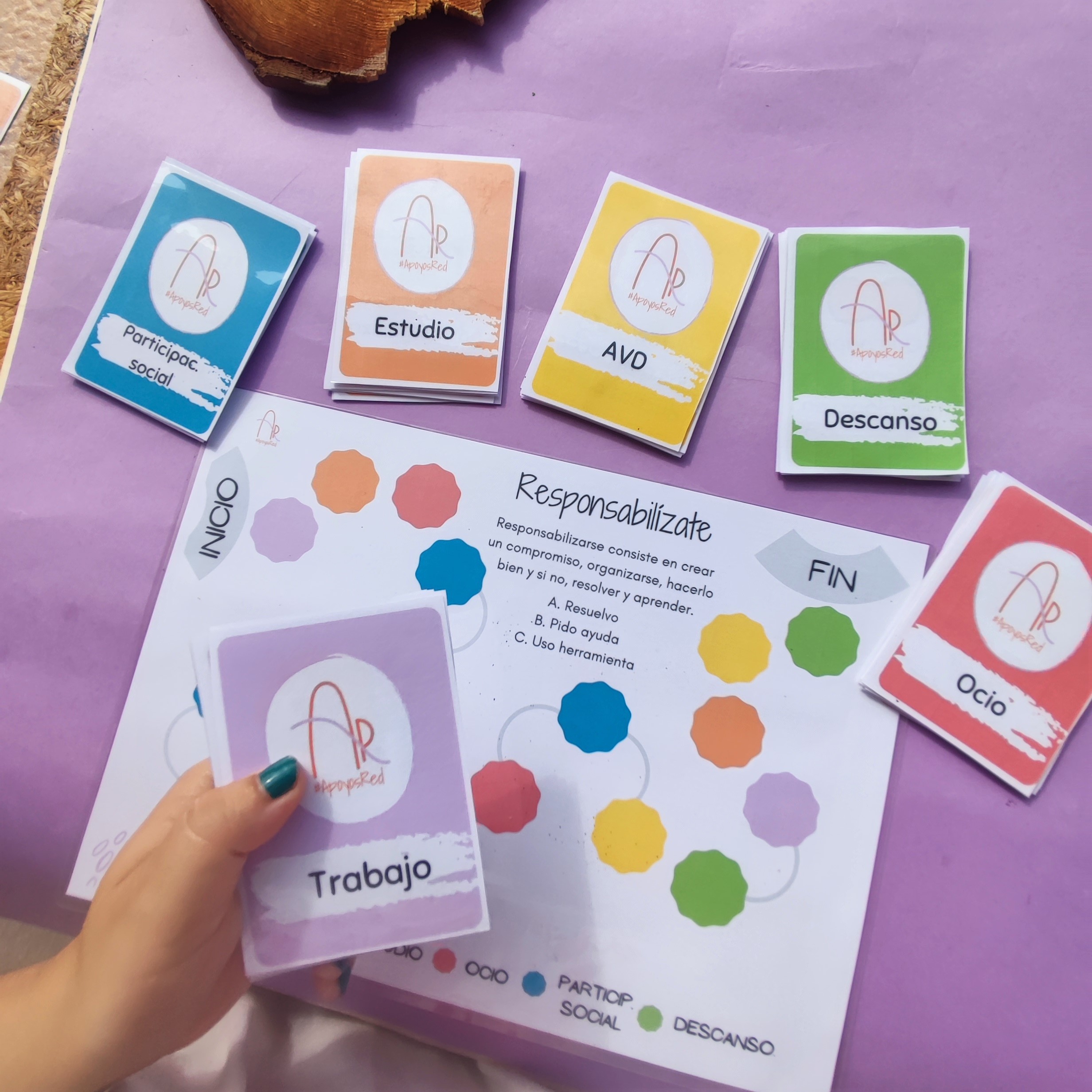 Material responsabilízate, tablero y tarjetas