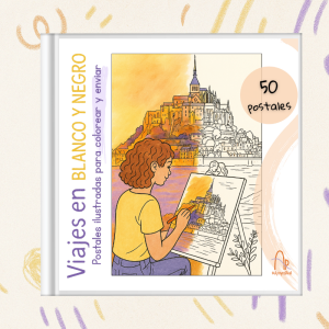 Cuaderno Viajes en blanco y negro · Postales ilustradas para COLOREAR